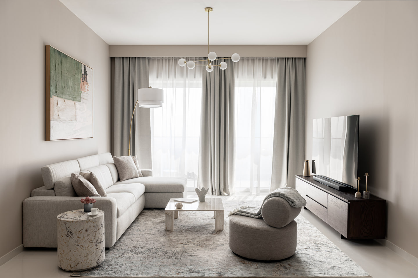 Wide view across the Dubai apartment's living room